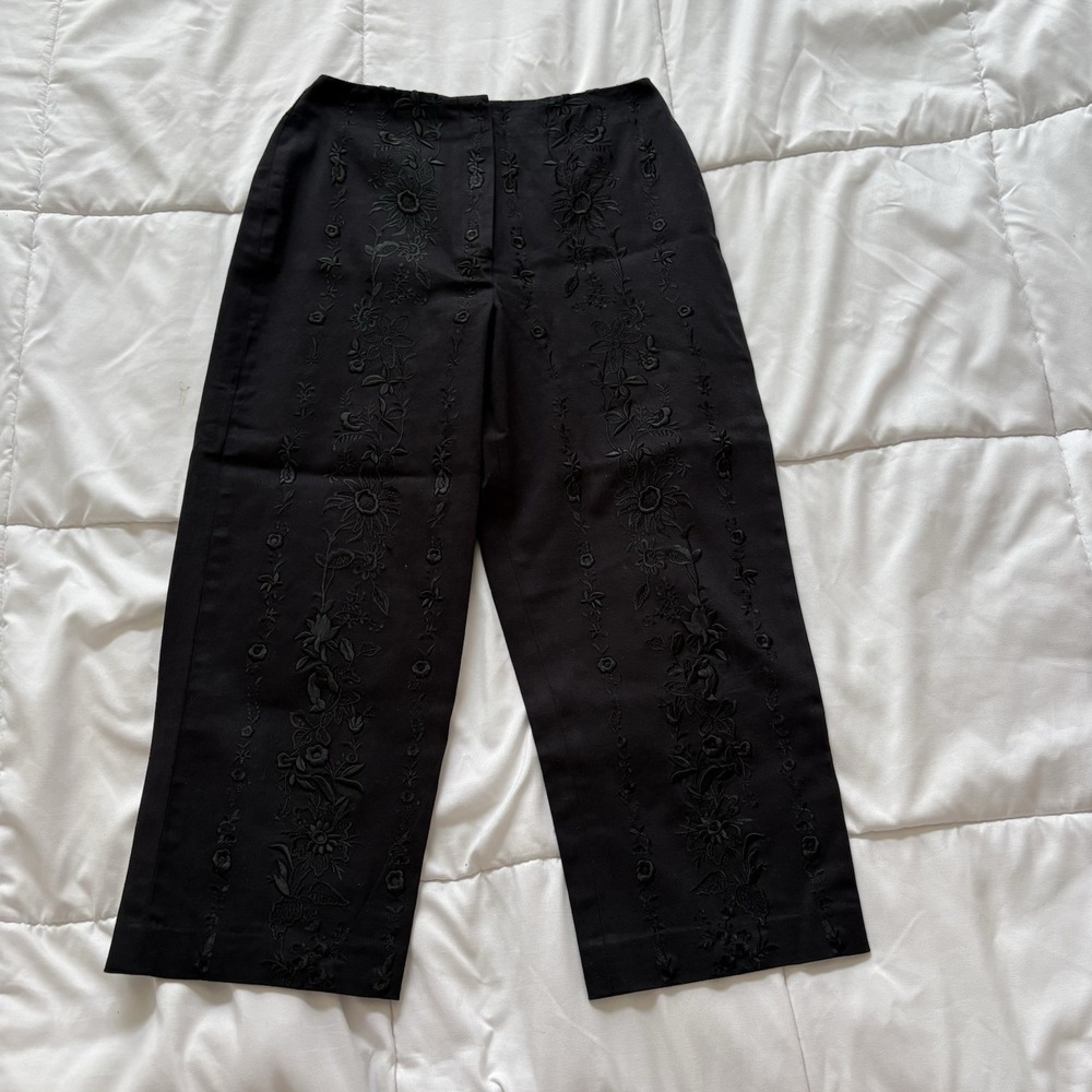Vintage 90s Dress Pants Womens 6P Cropped Black Floral Embroidered Grunge Goth